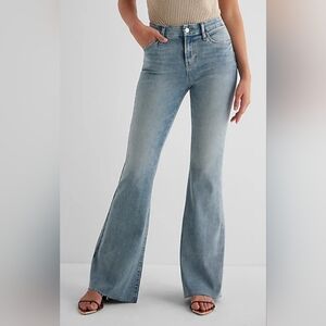 Express Mid Rise Light Wash Raw Hem FlexX '70s Flare Jeans